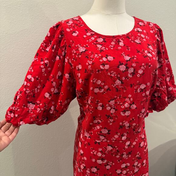 Old Navy Red Floral Puff Sleeve Midi Dress XL Smocked Open Back Cottagecore - Picture 5 of 8